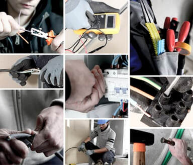 Multiple pictures of electrician working with different electrical tools.